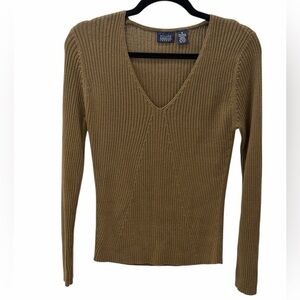 Hillard & Hanson V-Neck Ribbed Sweater Olive Green Size Medium